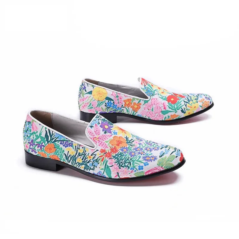 Men's Genuine Leather Floral Printed Slip-On Partywear Casual Shoes