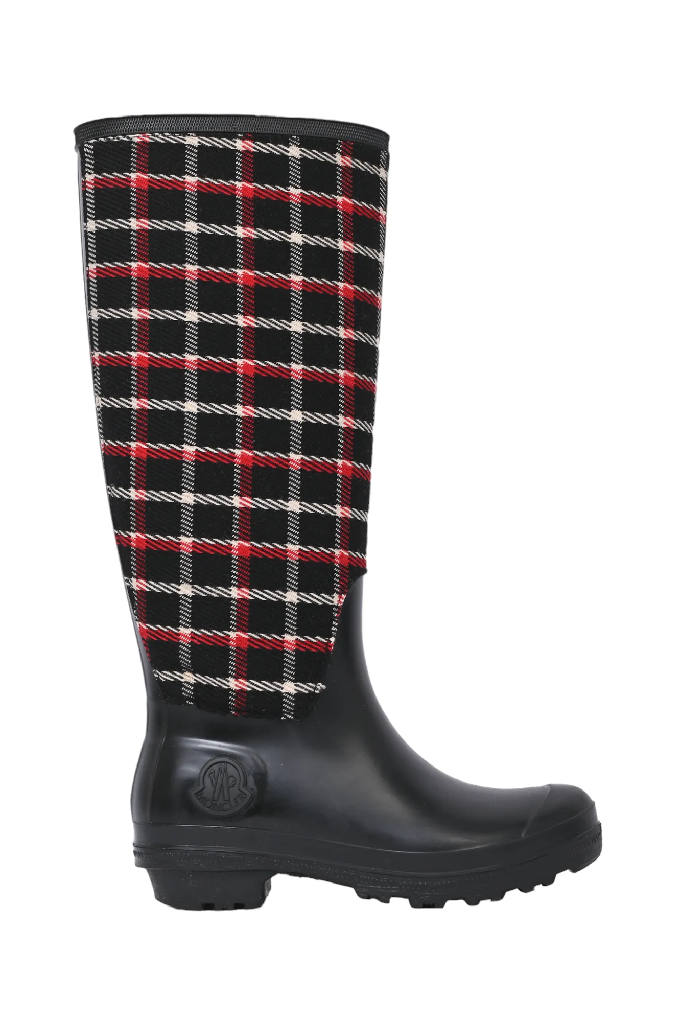 Moncler Black/Red Rubber/Canvas Plaid 'Wellington' Rain Boots Size 36