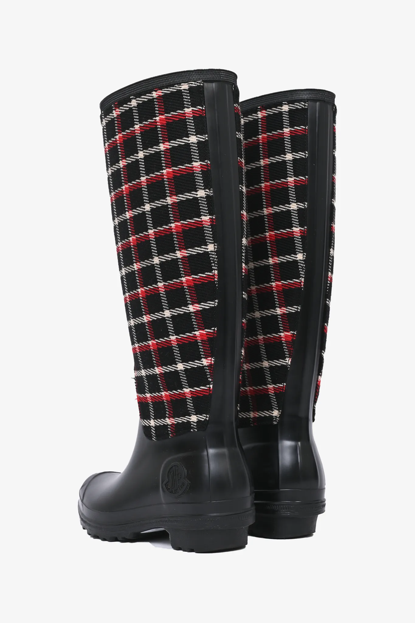 Moncler Black/Red Rubber/Canvas Plaid 'Wellington' Rain Boots Size 36