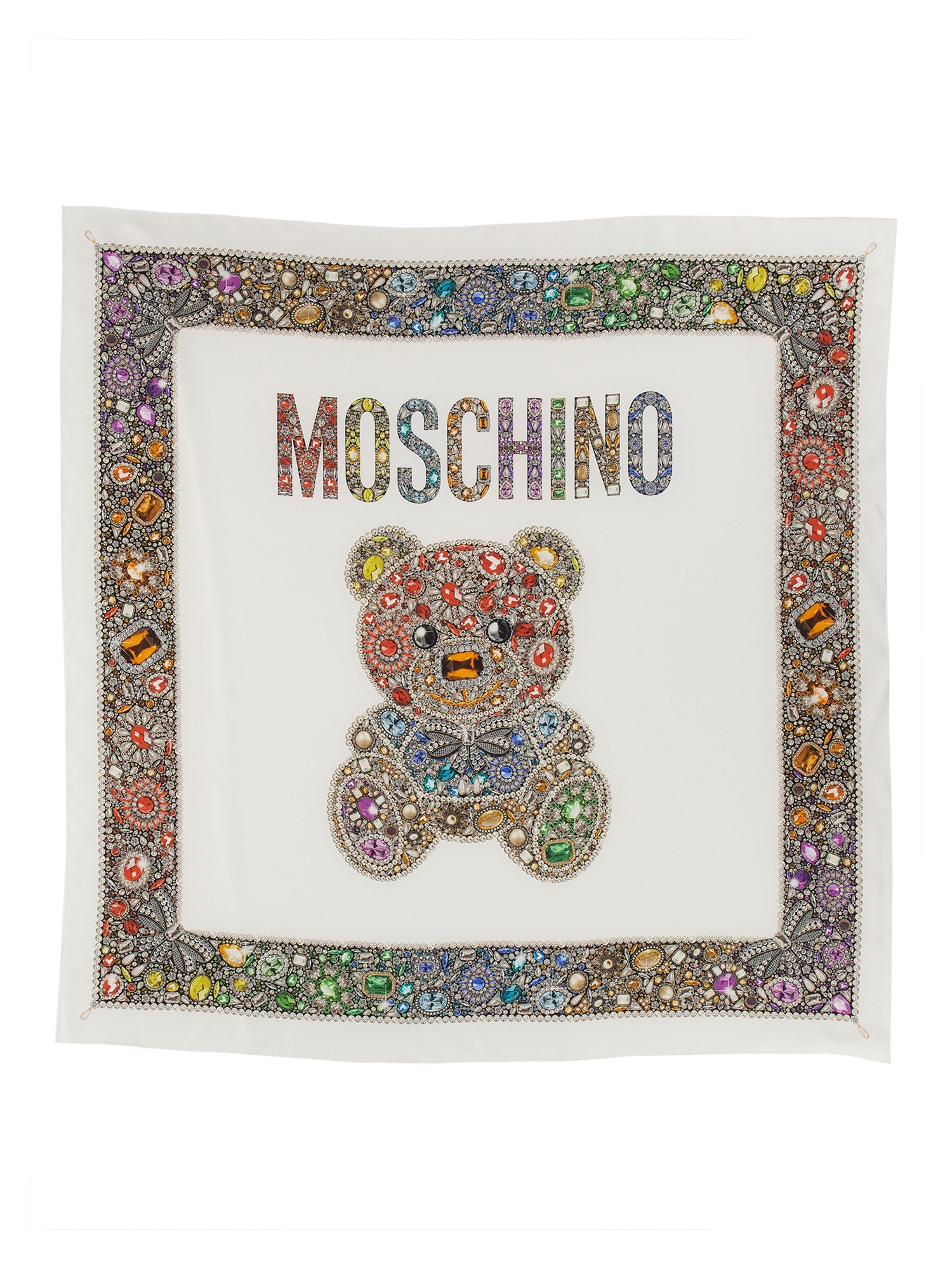 MOSCHINO    JEWELED TEDDY BEAR PRINT SILK SCARF