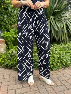 Navy Sketch Print Wide Leg Trousers