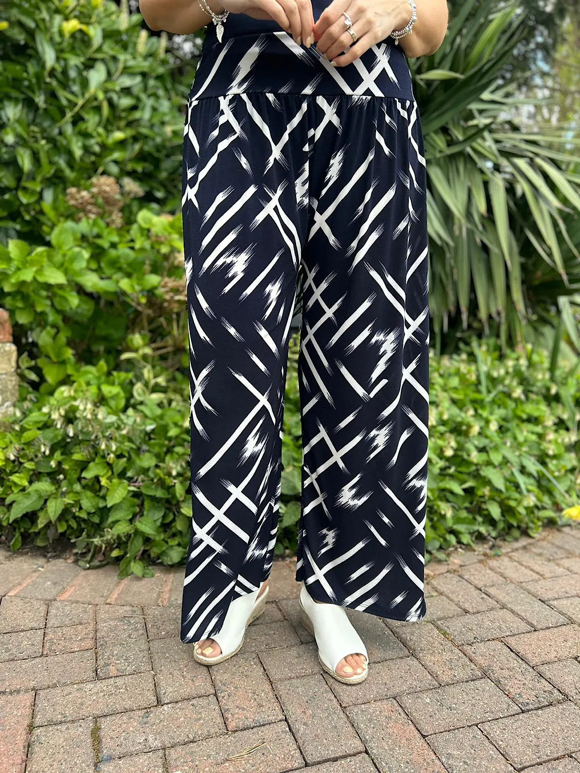 Navy Sketch Print Wide Leg Trousers