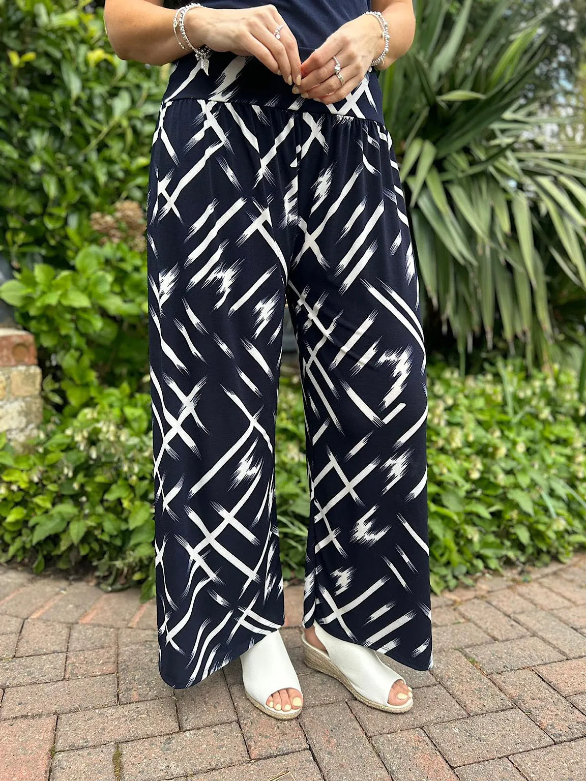 Navy Sketch Print Wide Leg Trousers