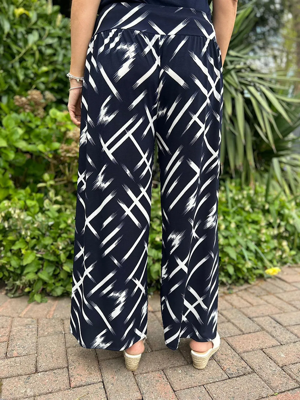 Navy Sketch Print Wide Leg Trousers