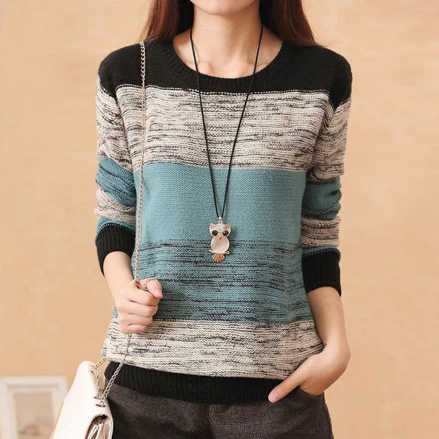 New Fashion Female Pullovers Knitted Long Sleeve O-neck Winter Autumn Patchwork Sweaters Hot  70057 GS