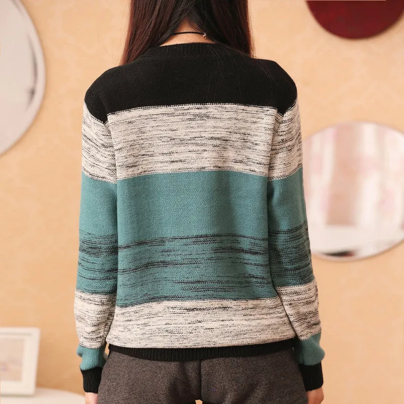 New Fashion Female Pullovers Knitted Long Sleeve O-neck Winter Autumn Patchwork Sweaters Hot  70057 GS