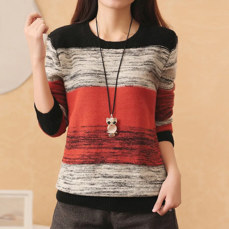 New Fashion Female Pullovers Knitted Long Sleeve O-neck Winter Autumn Patchwork Sweaters Hot  70057 GS