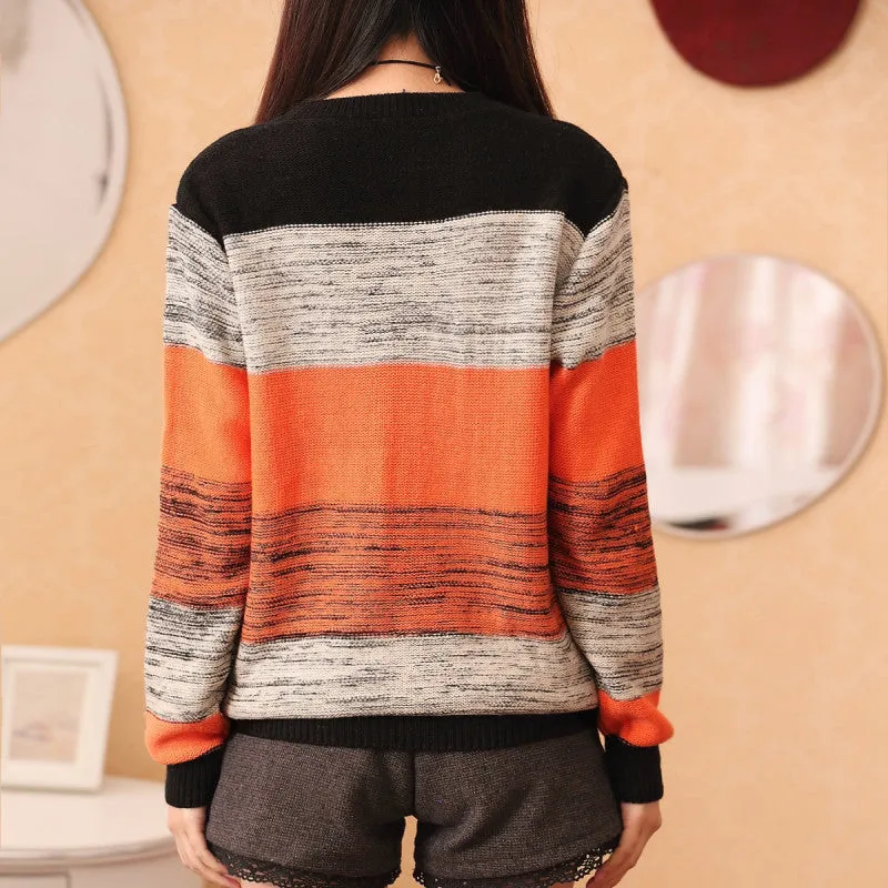 New Fashion Female Pullovers Knitted Long Sleeve O-neck Winter Autumn Patchwork Sweaters Hot  70057 GS