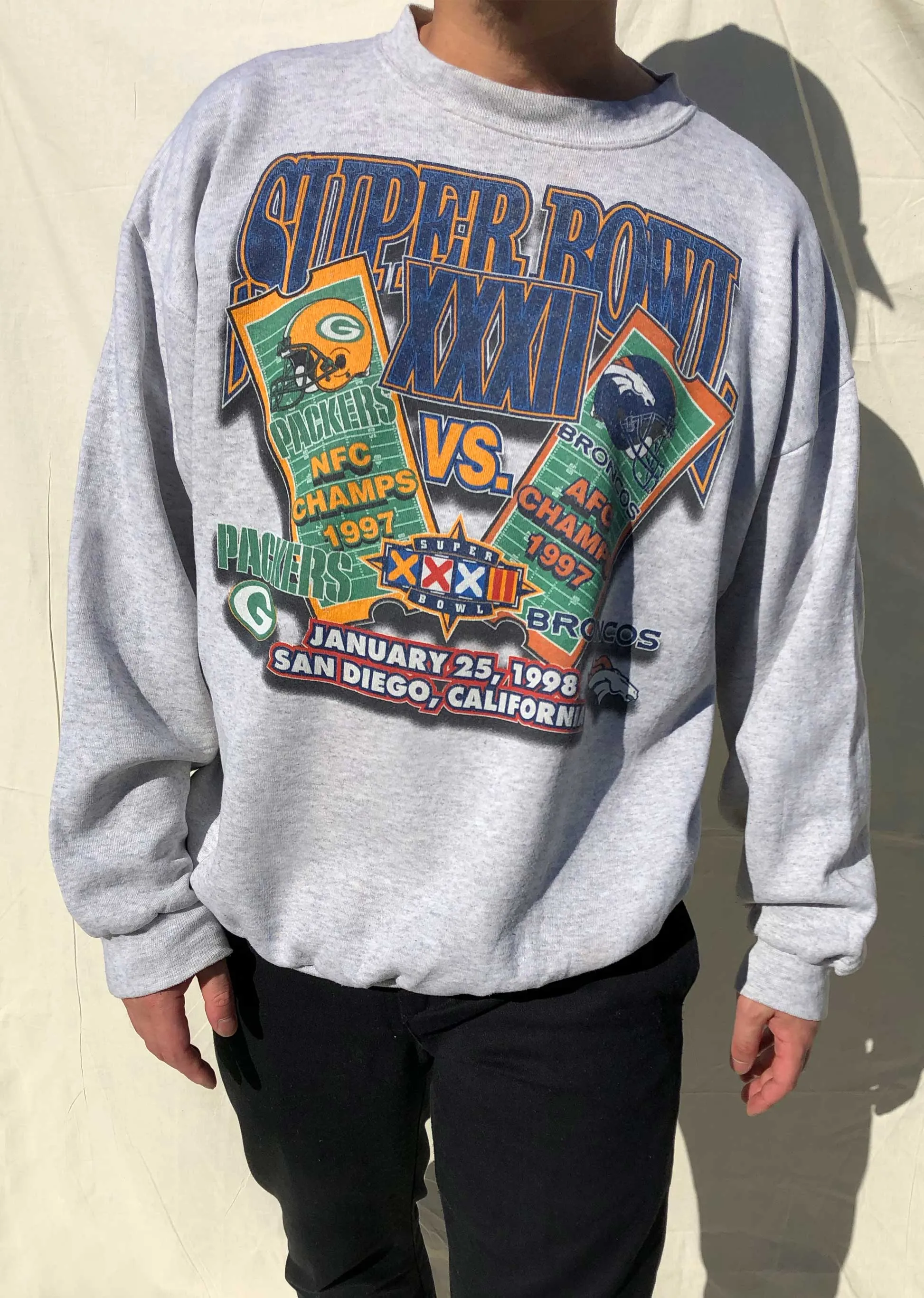 NFL '98 Packers Vs Broncos Super Bowl Sweater Grey (XL)