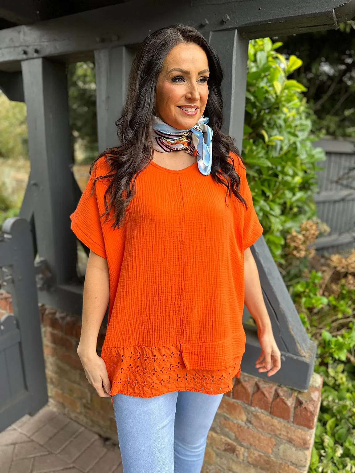 Orange Bubble Cotton Detailed Hem Top Anna