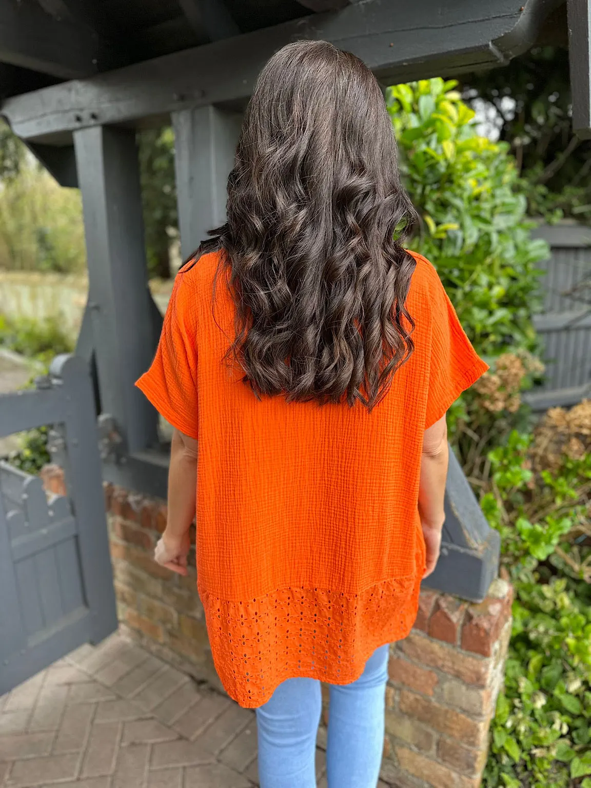 Orange Bubble Cotton Detailed Hem Top Anna