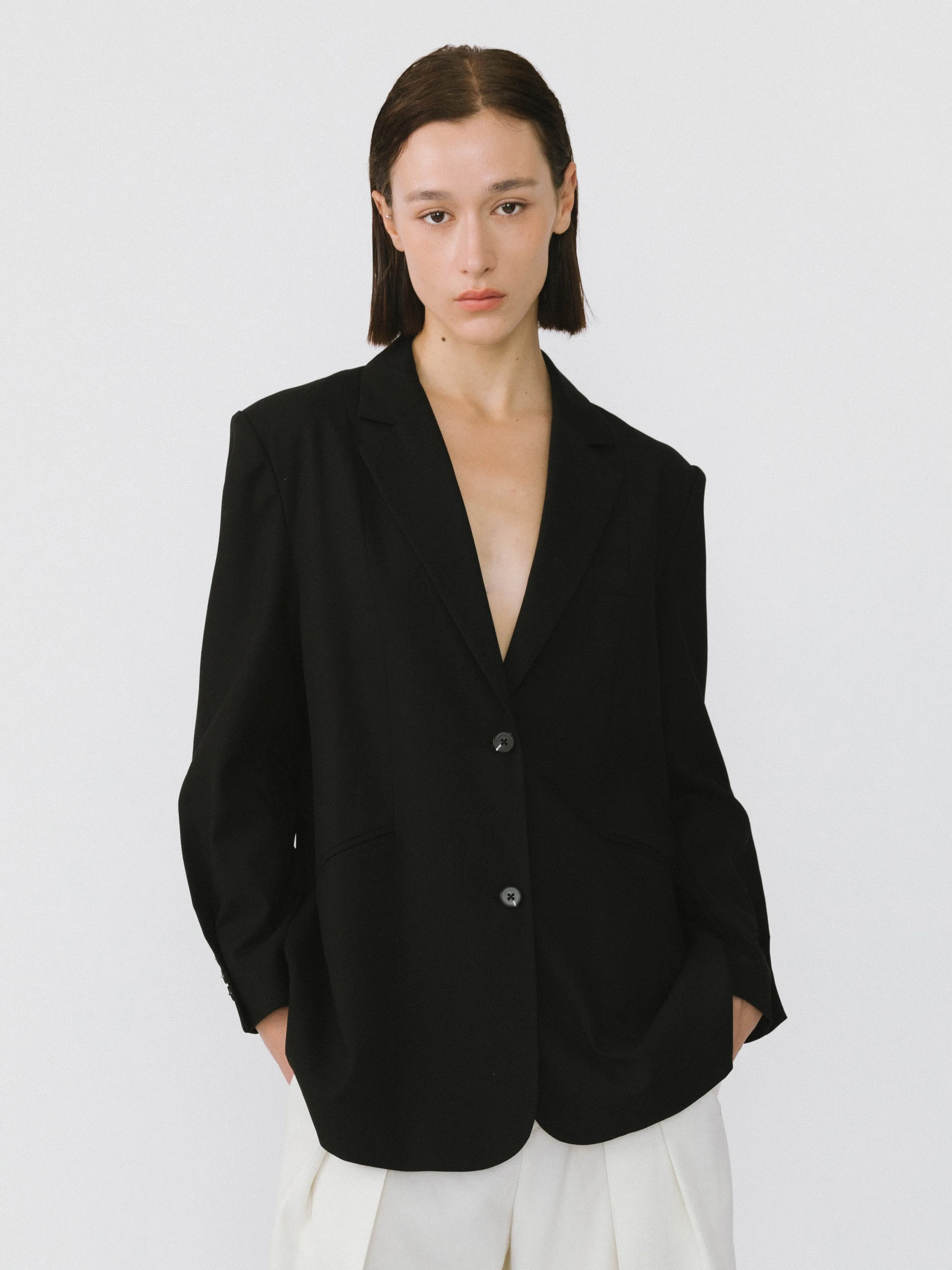 Oversized Shoulder Single Breasted Blazer with Wool Blend