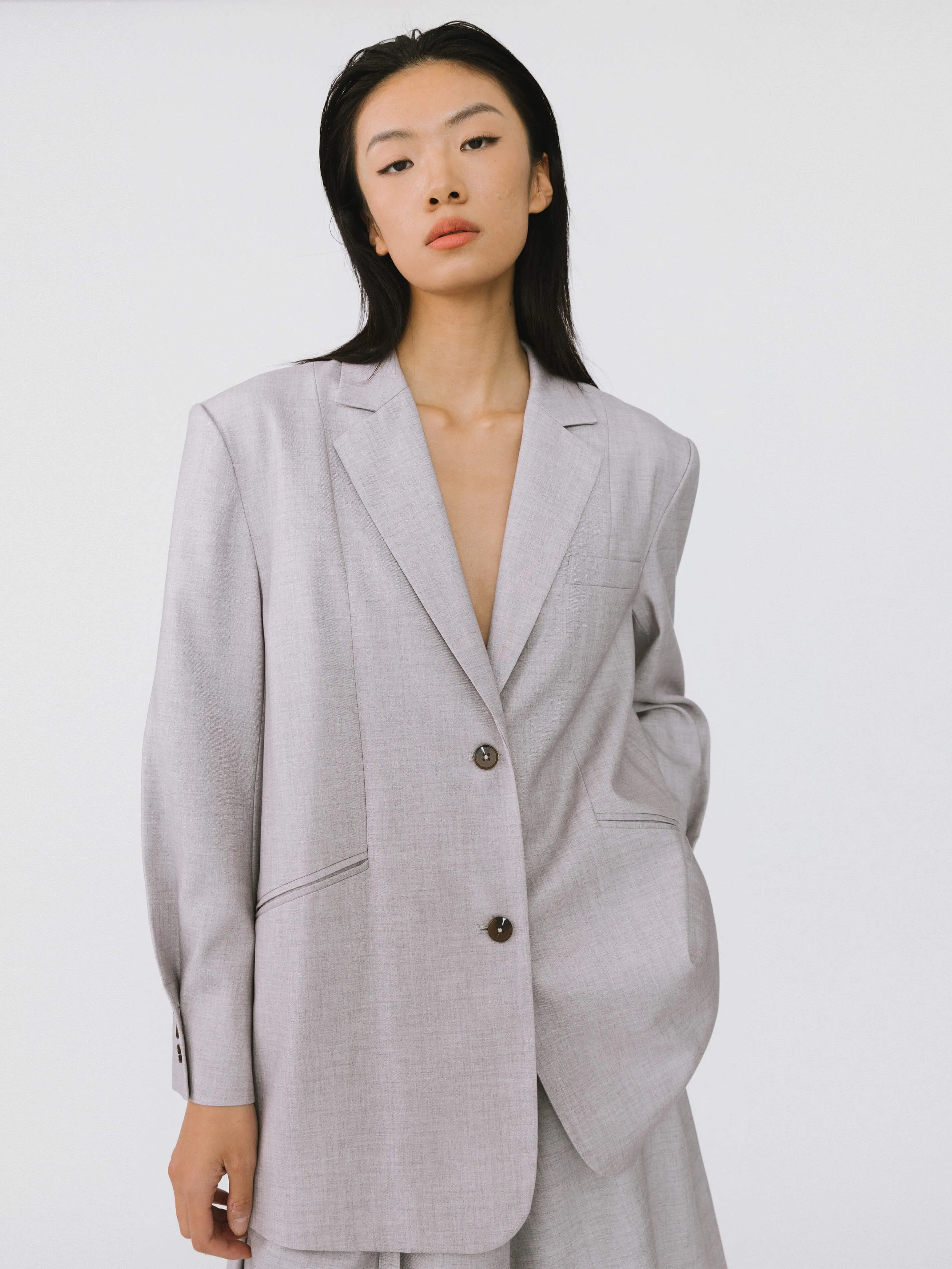 Oversized Shoulder Single Breasted Blazer with Wool Blend