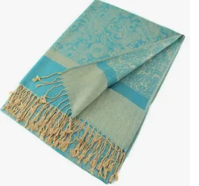 Pashmina Paisley Scarf Shawl Aqua/Camel #034