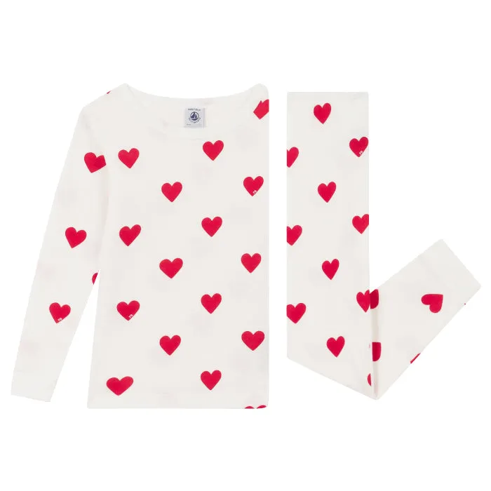 Petit Bateau Child Lison Pyjamas Cream With Red Heart Print