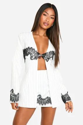 Pinstripe Contrast Lace Plunge Front Blazer