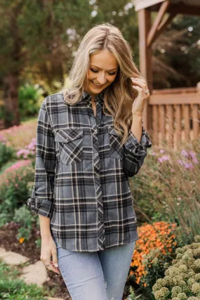 Pumpkin Farm Button Down Flannel- Charcoal, Tan, & Black