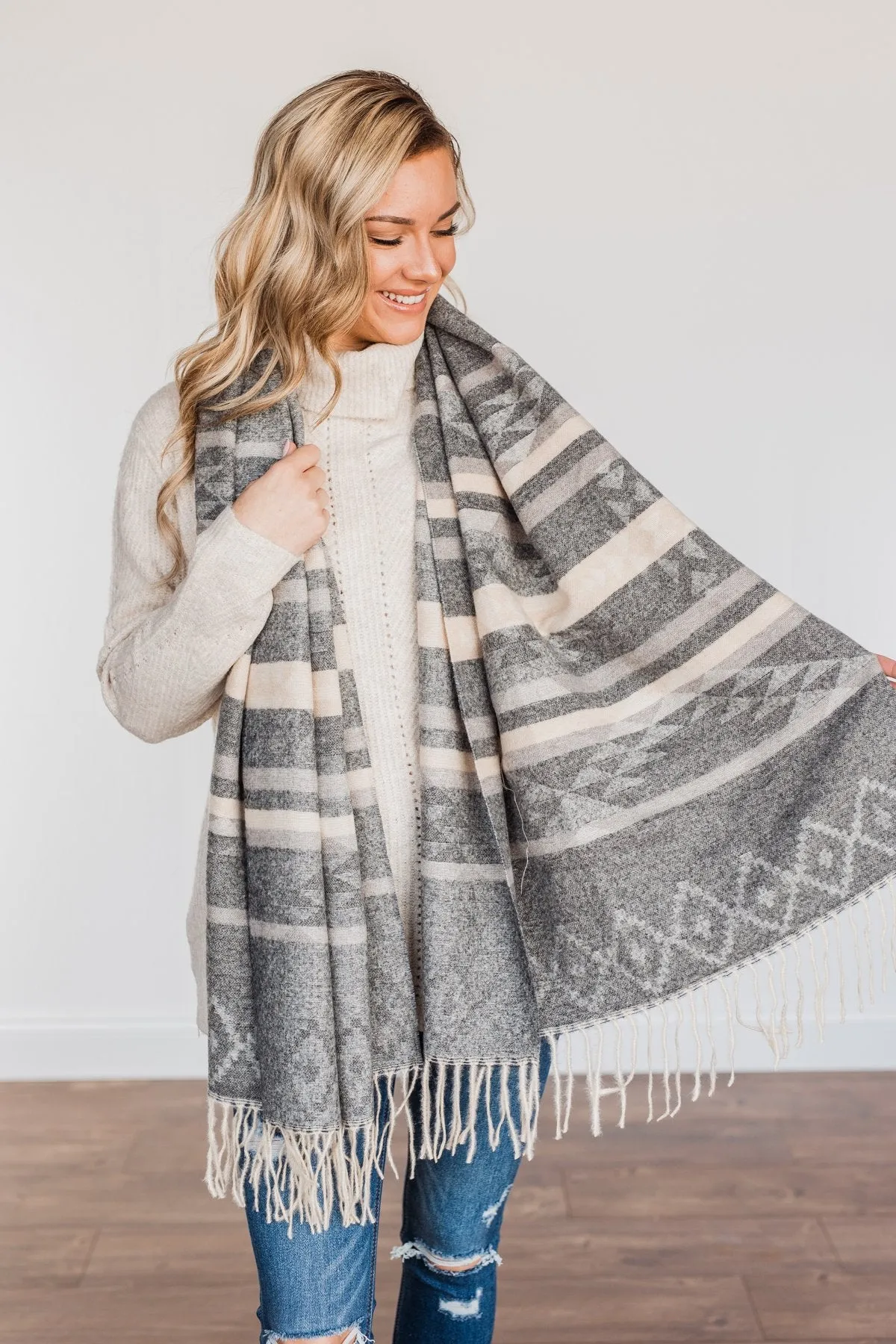 Setting Off Sparks Aztec Blanket Scarf- Charcoal