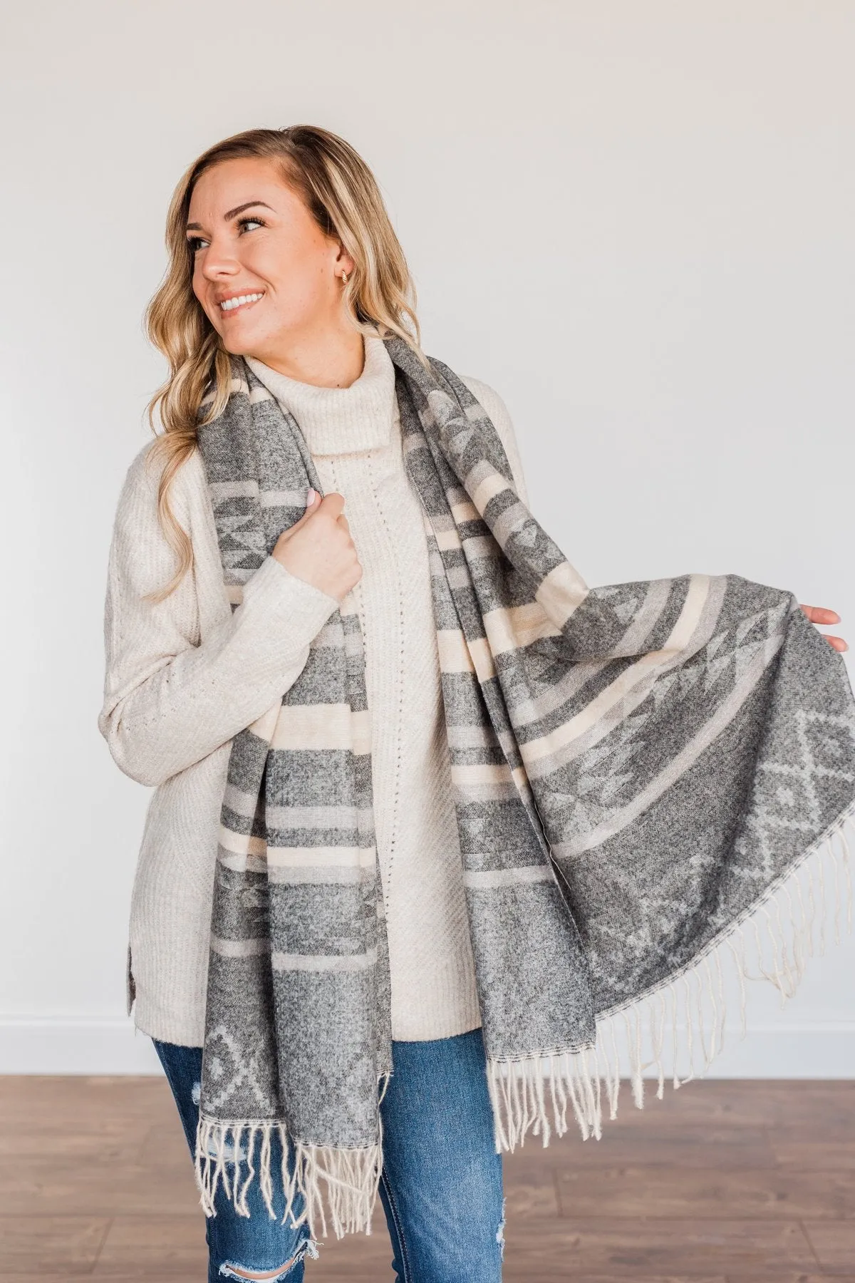 Setting Off Sparks Aztec Blanket Scarf- Charcoal