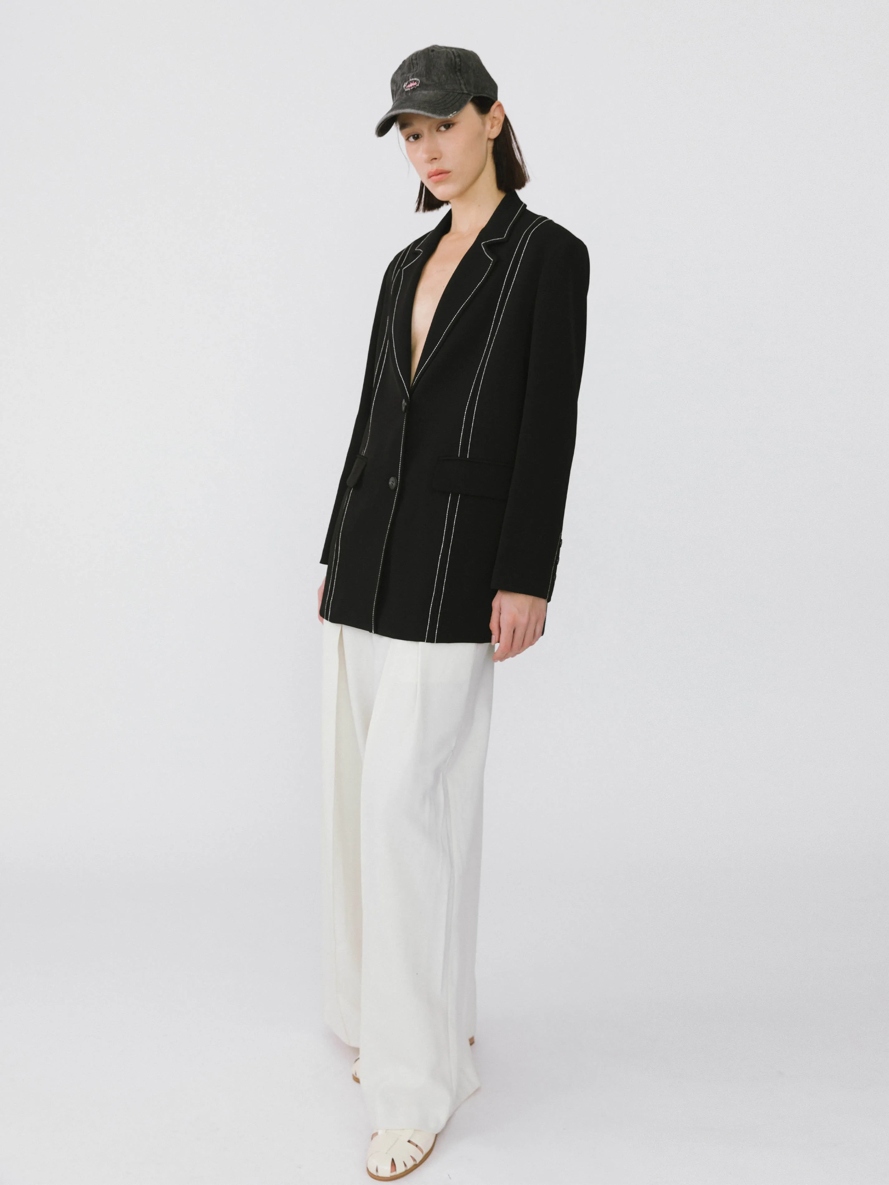 Single Breasted Contrast Topstitch Long Blazer