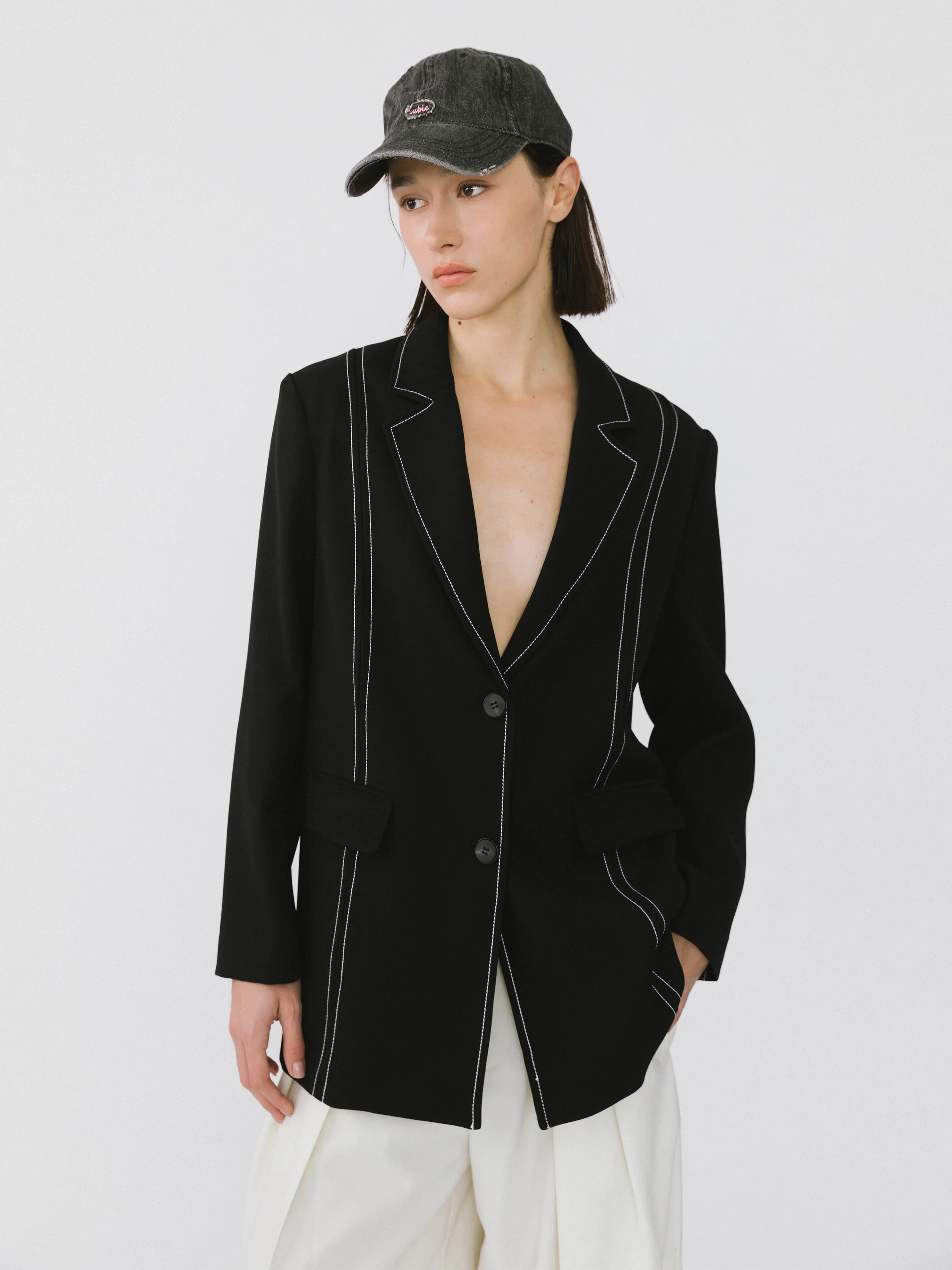 Single Breasted Contrast Topstitch Long Blazer