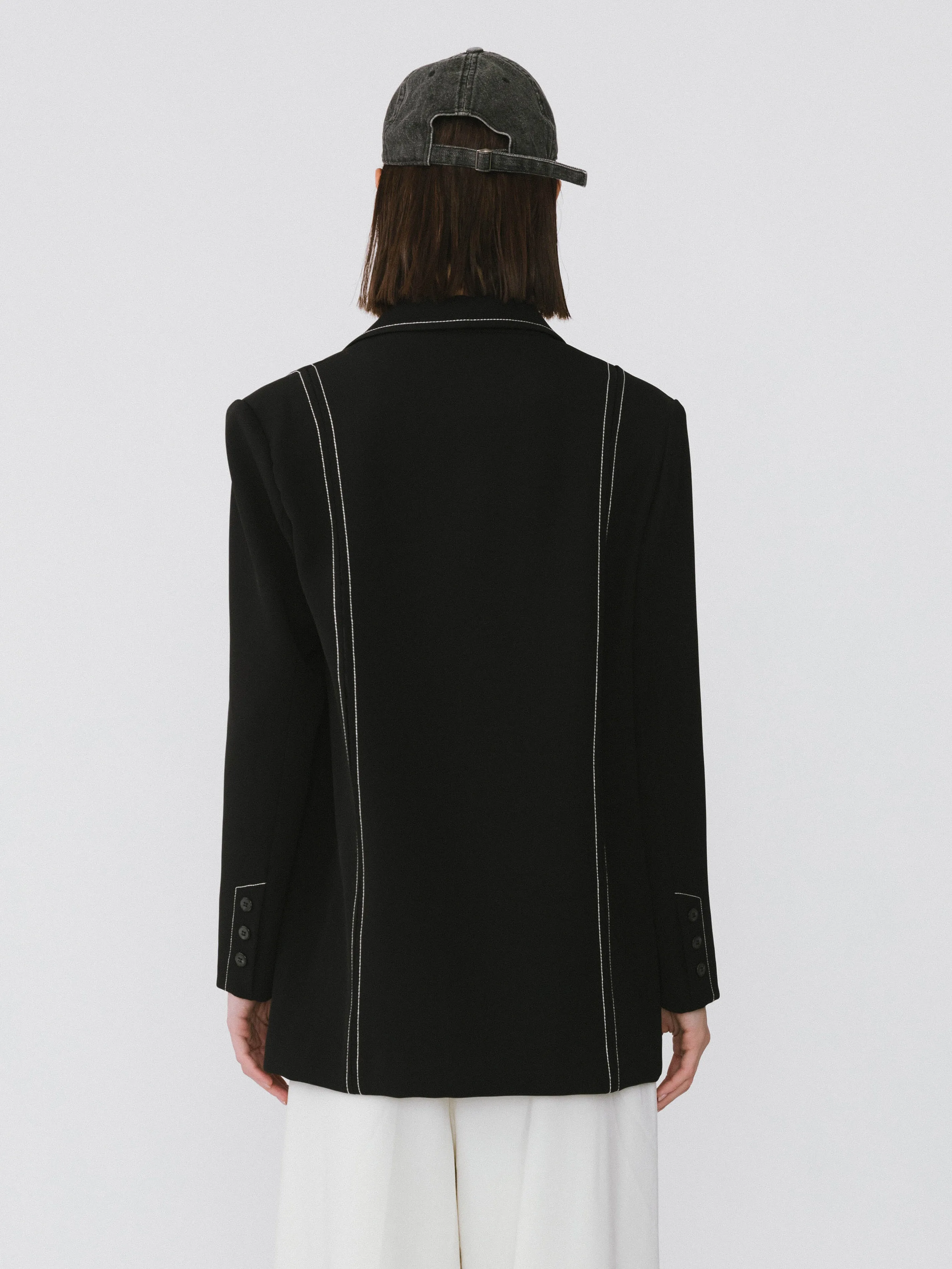 Single Breasted Contrast Topstitch Long Blazer