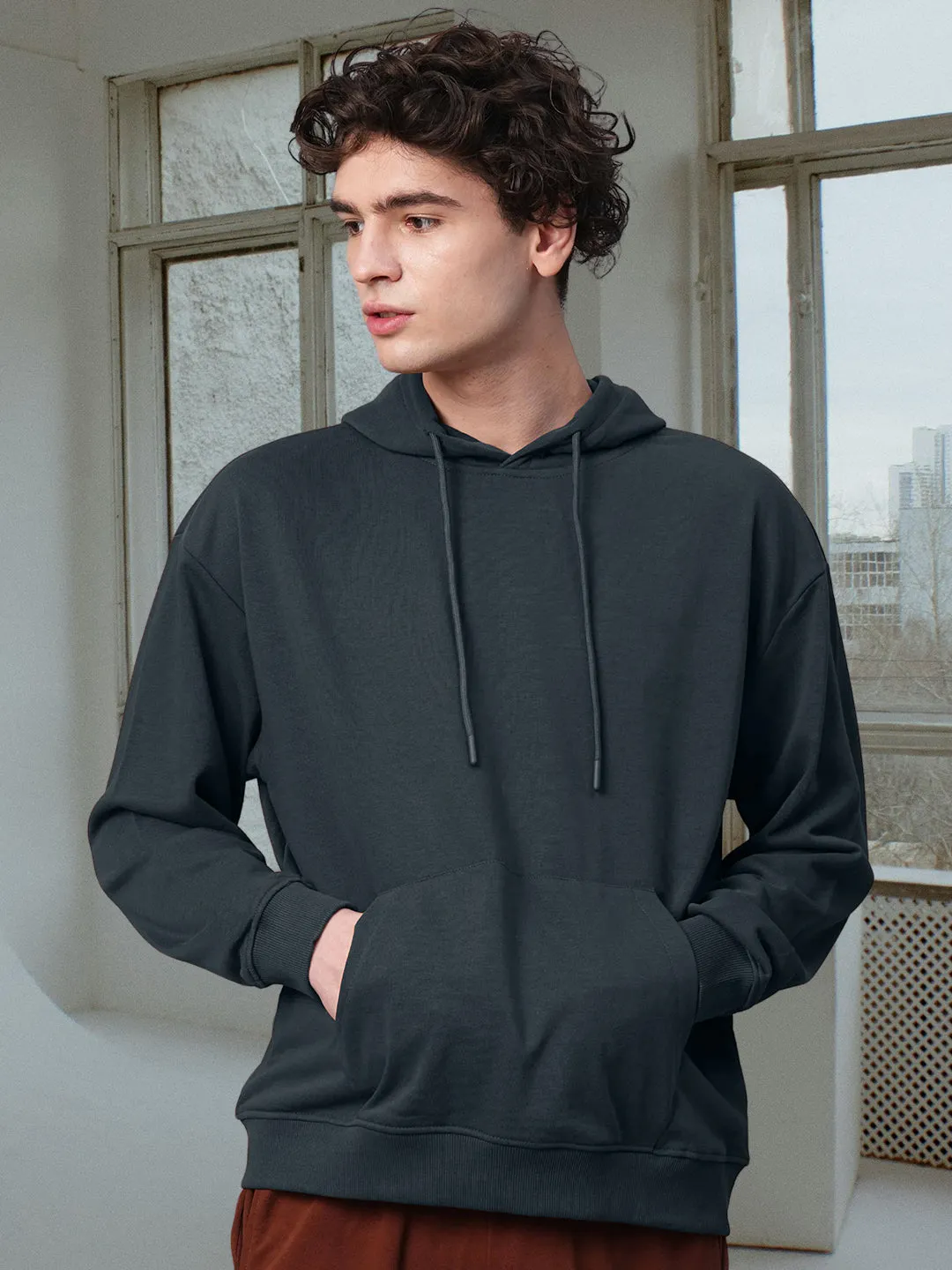 Solid Men Drop Shoulder Premium Terry Hoodie - Dark Grey