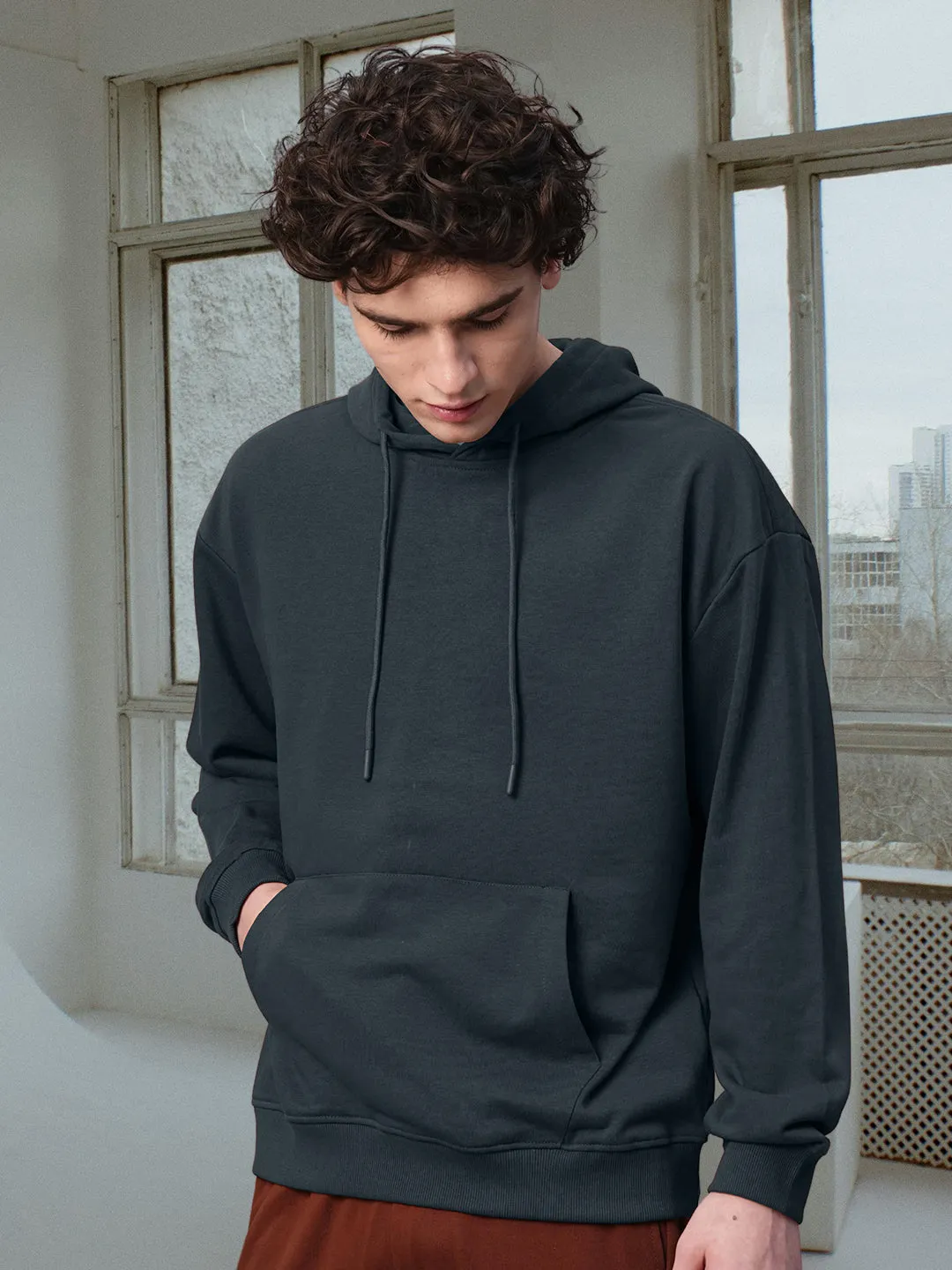 Solid Men Drop Shoulder Premium Terry Hoodie - Dark Grey