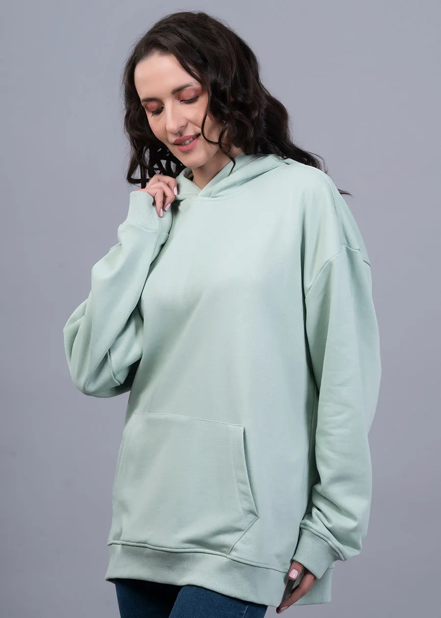 Solid Mint Green Women Drop Shoulder Terry Hoodie | Pronk