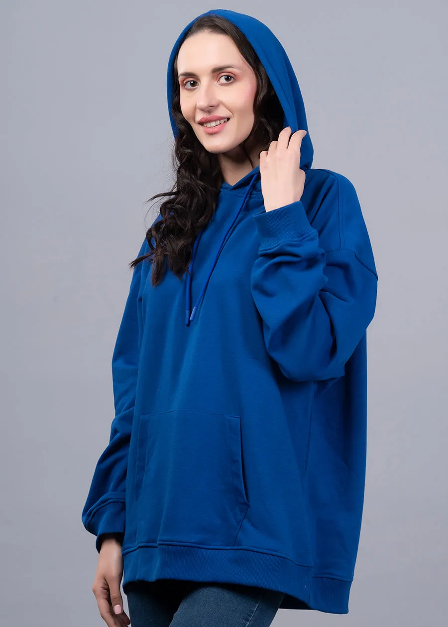 Solid Royal Blue Women Drop Shoulder Terry Hoodie