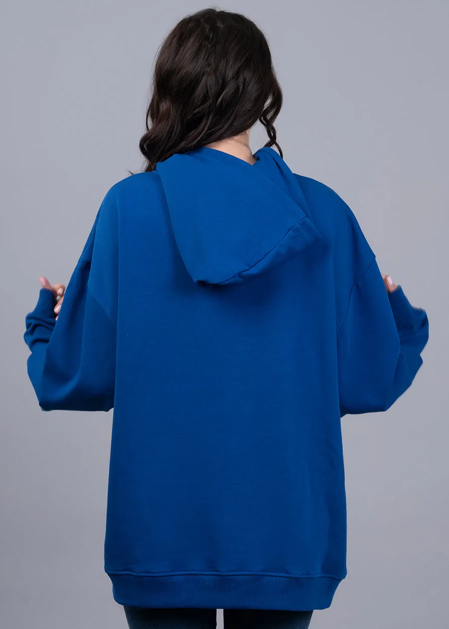 Solid Royal Blue Women Drop Shoulder Terry Hoodie