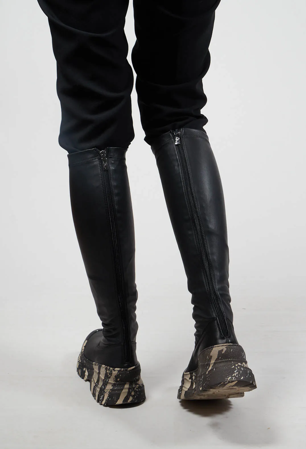 Suede Long Boots in Gasoline Nero and Nappa Stretch Nero