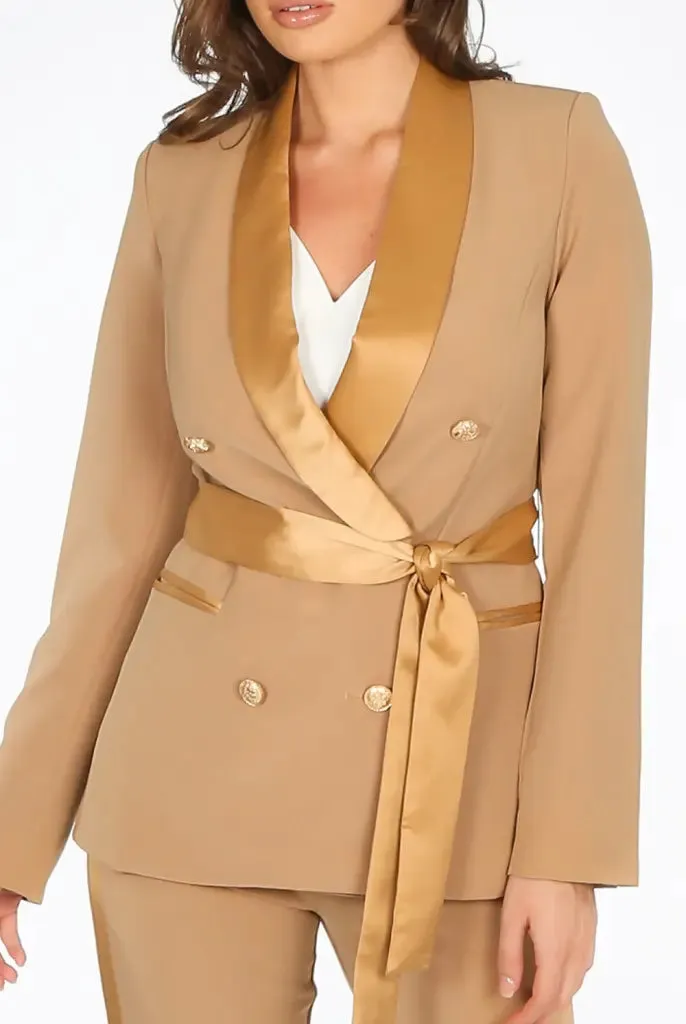 Tailored Belted Blazer With Satin Lapel