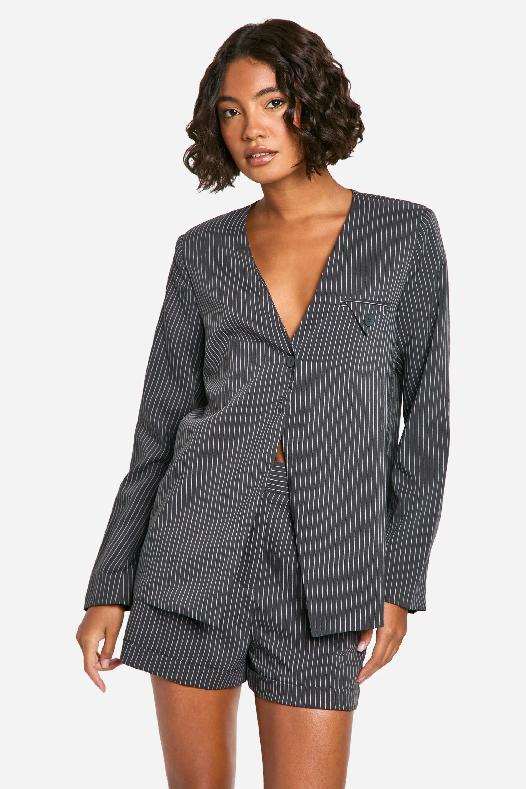 Tall Collarless Pinstripe Tailored Blazer