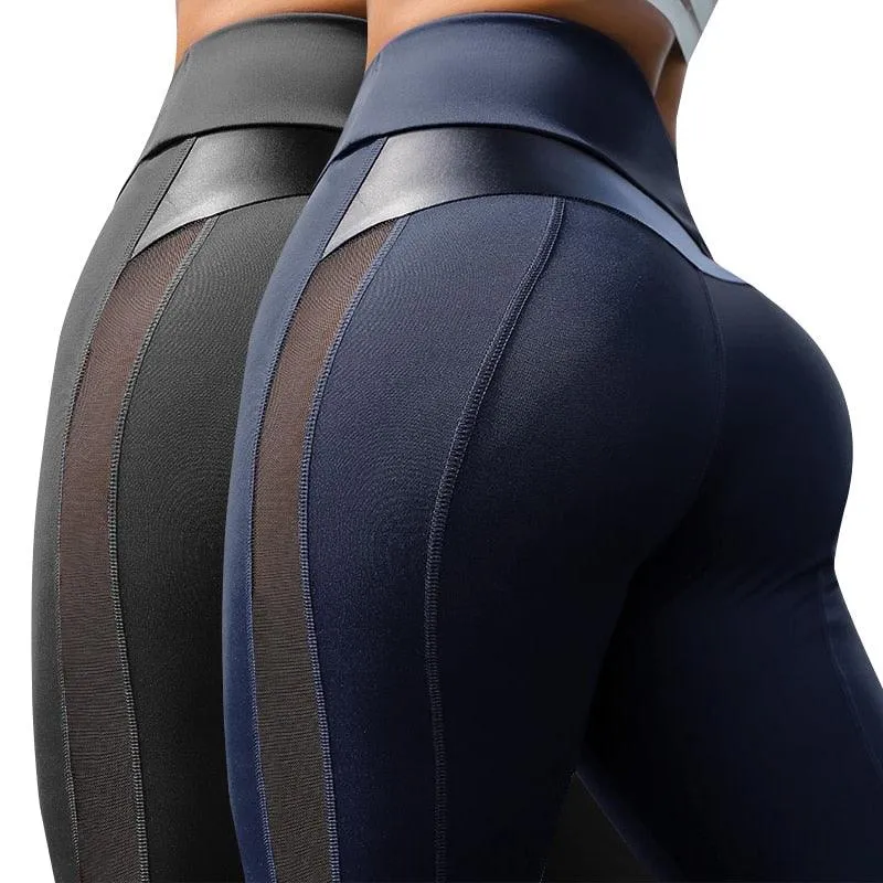 Two-Piece Combination Women Leggings Sexy Mesh PU Leather Fitness Push Up Gym Slim High Waist Leggings Workout Female