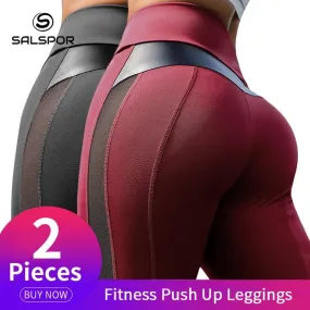 Two-Piece Combination Women Leggings Sexy Mesh PU Leather Fitness Push Up Gym Slim High Waist Leggings Workout Female