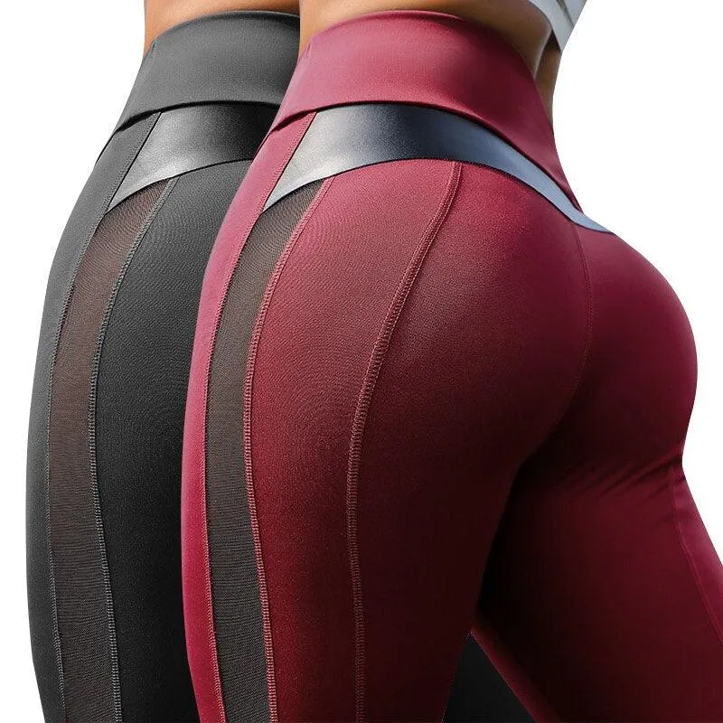 Two-Piece Combination Women Leggings Sexy Mesh PU Leather Fitness Push Up Gym Slim High Waist Leggings Workout Female