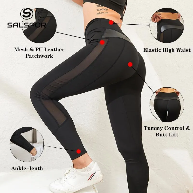 Two-Piece Combination Women Leggings Sexy Mesh PU Leather Fitness Push Up Gym Slim High Waist Leggings Workout Female