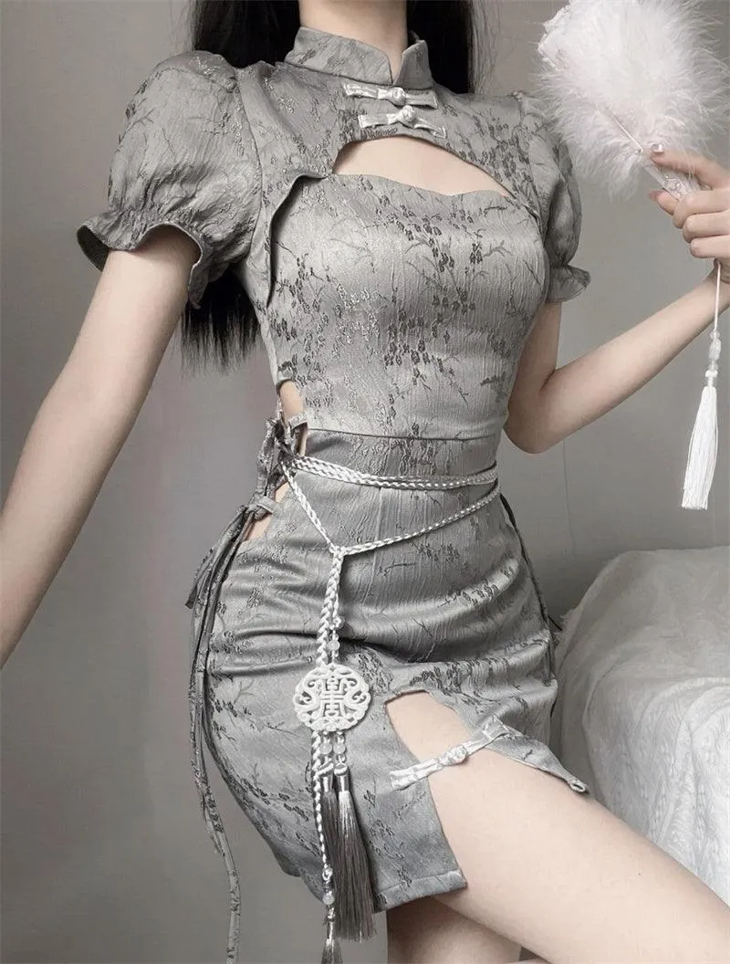 Vintage Chinese Style Cheongsam High Split Mini Dress