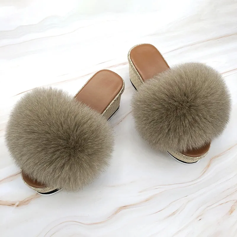 Women's Khaki Color Luxury Real Fox Fur Wedges House Slippers