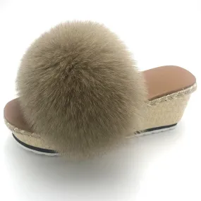 Women's Khaki Color Luxury Real Fox Fur Wedges House Slippers