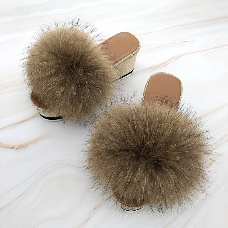 Women's Khaki Color Luxury Real Fox Fur Wedges House Slippers