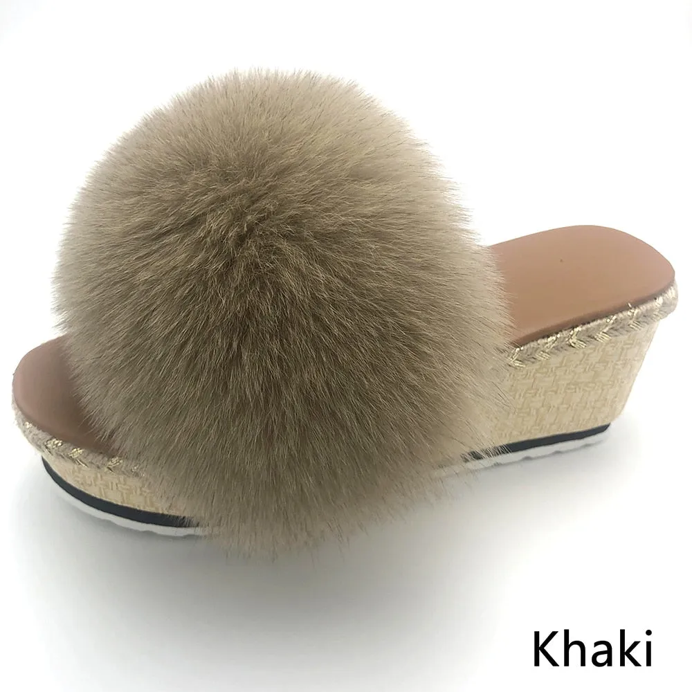 Women's Khaki Color Luxury Real Fox Fur Wedges House Slippers