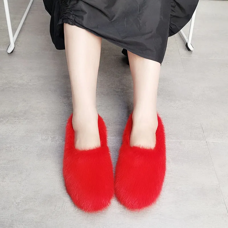 Women's Red Designer Warm Winter Fashion Fur Flat House Slippers