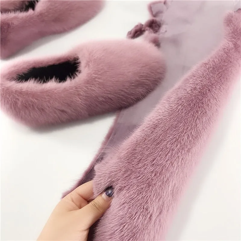 Women's Red Designer Warm Winter Fashion Fur Flat House Slippers