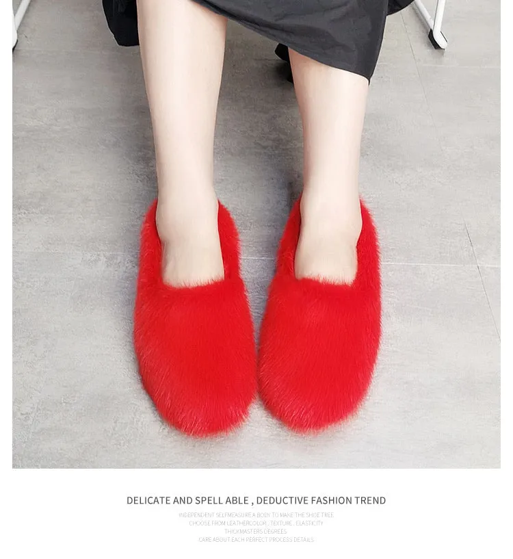 Women's Red Designer Warm Winter Fashion Fur Flat House Slippers