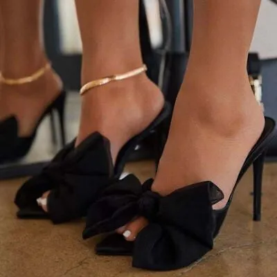 Women's Sexy Lace Pointed Large Bow Tie Thin Heel High Pumps