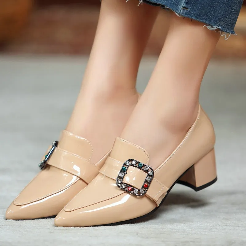 Women's Solid String Bead Pointed Toe Slip On Square Heels Party Shoes