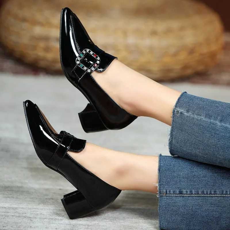 Women's Solid String Bead Pointed Toe Slip On Square Heels Party Shoes