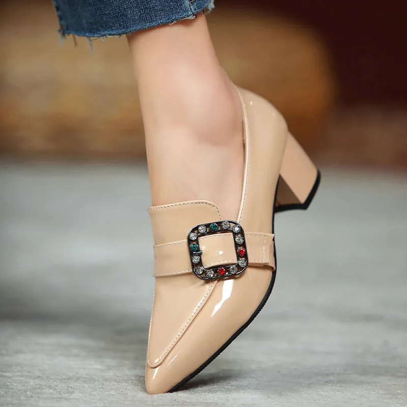 Women's Solid String Bead Pointed Toe Slip On Square Heels Party Shoes